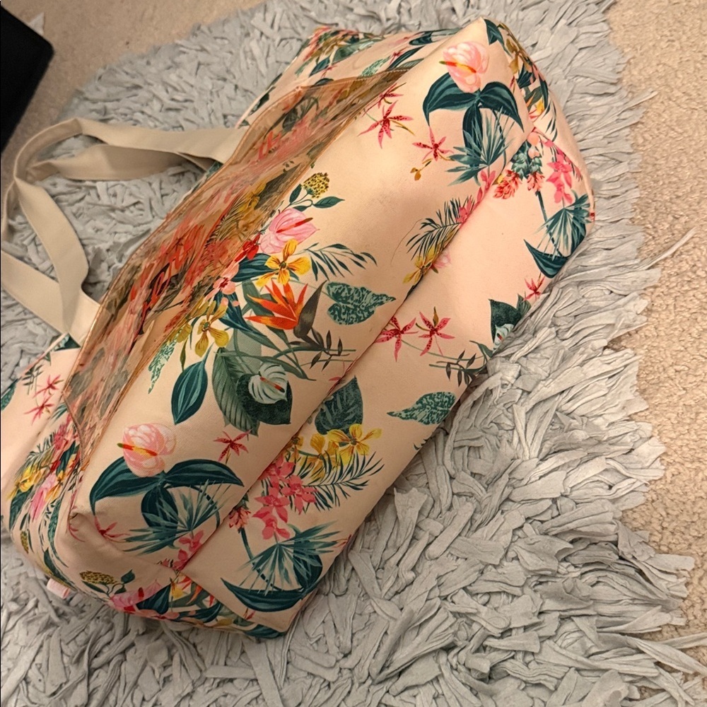 Insulated Floral Tote Bag with Transparent Pocket - Picture 2 of 7